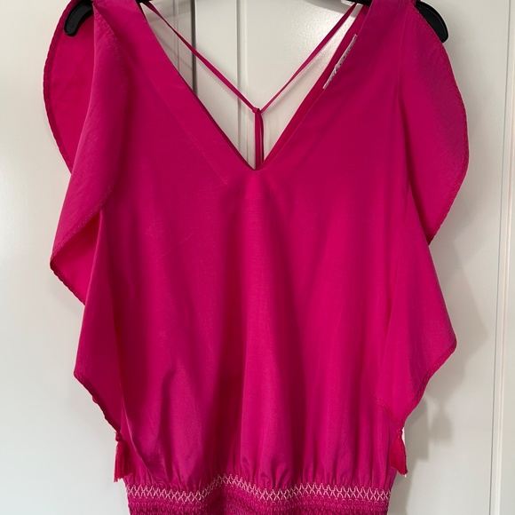 Trina Turk Bright Pink Cancun Ruffled Silk Cotton Smocked Top Sz.S New With Tags - Picture 3 of 9